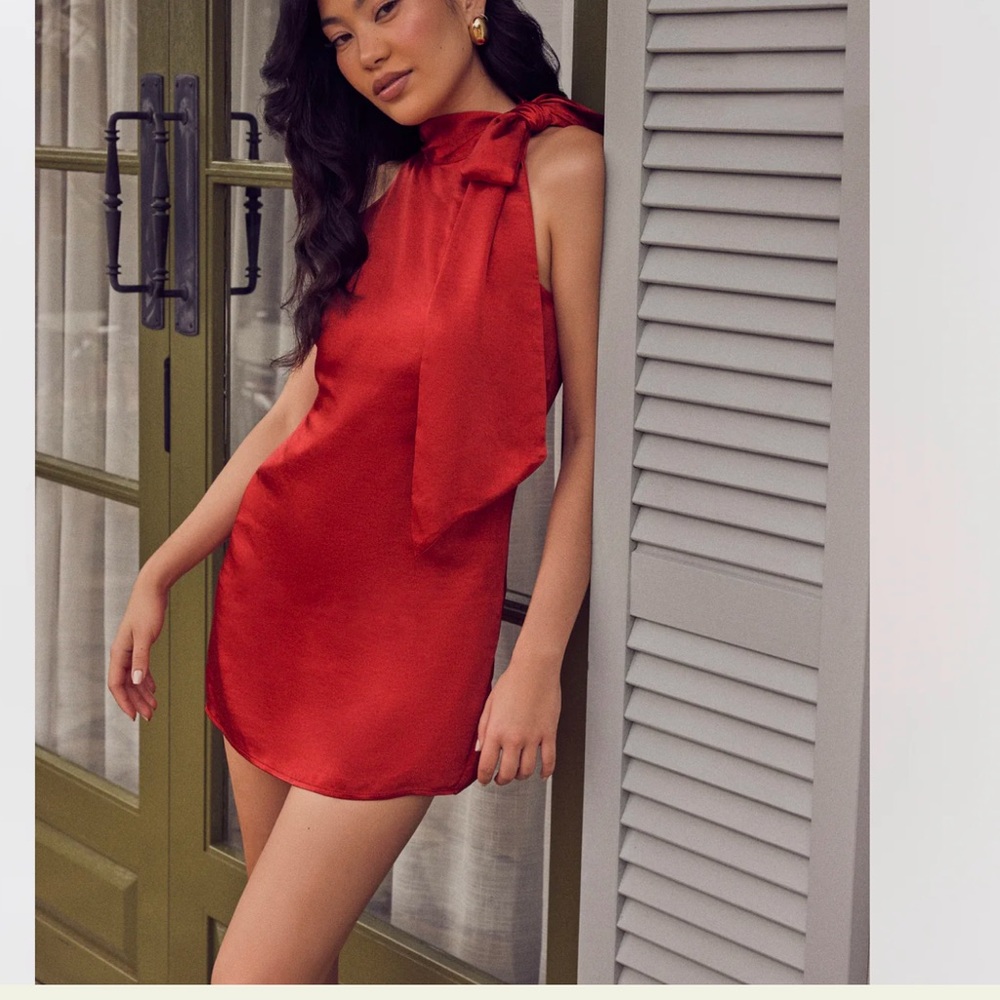 MESHKI Red halter holiday mini dress